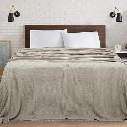 HILLFAIR 100% Cotton Blanket- 120" x 120" XXL Oversized King Bed Blankets - Family Size 10 ft x 10 ft Big - All Season Soft Cozy Breathable Blankets for Bed - Extra Large King Cotton Blanket- Sand