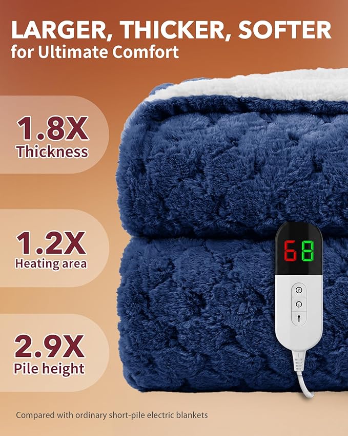 Homemate Heated Blanket Electric Throw - 50"x60" Heating Blanket Throw 1/2/4/6/8 Hours Auto-Off 10 Heat Levels Over-Heat Protection Luxury 800 GSM Faux Fur 200 GSM Sherpa ETL Certification
