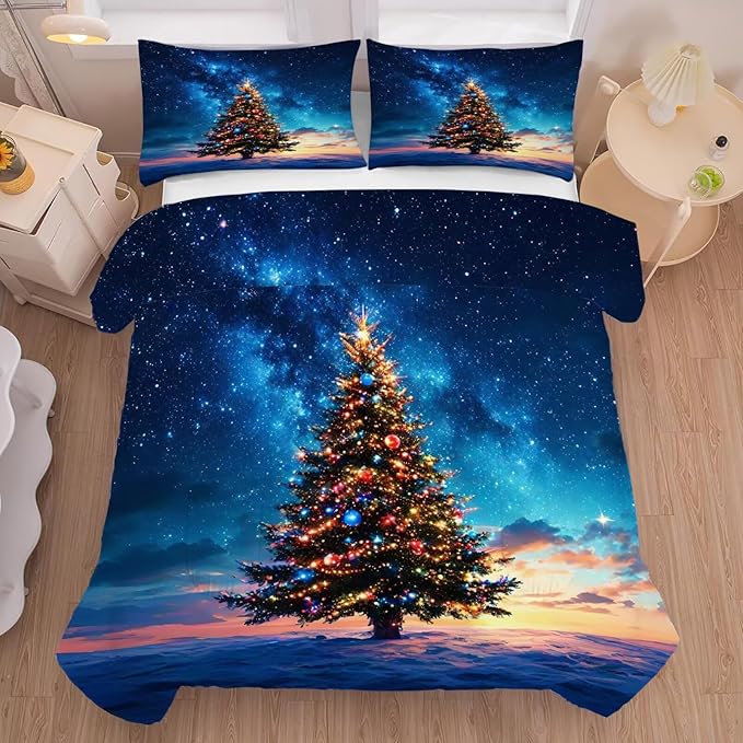 Christmas Tree Bedding Set Full/Queen Size Blue Galaxy Comforter for Kids Girls Teen Women Space Xmas Holiday Bedroom Quilt Bed Sets, 1 Comforter 2 Pillowcases