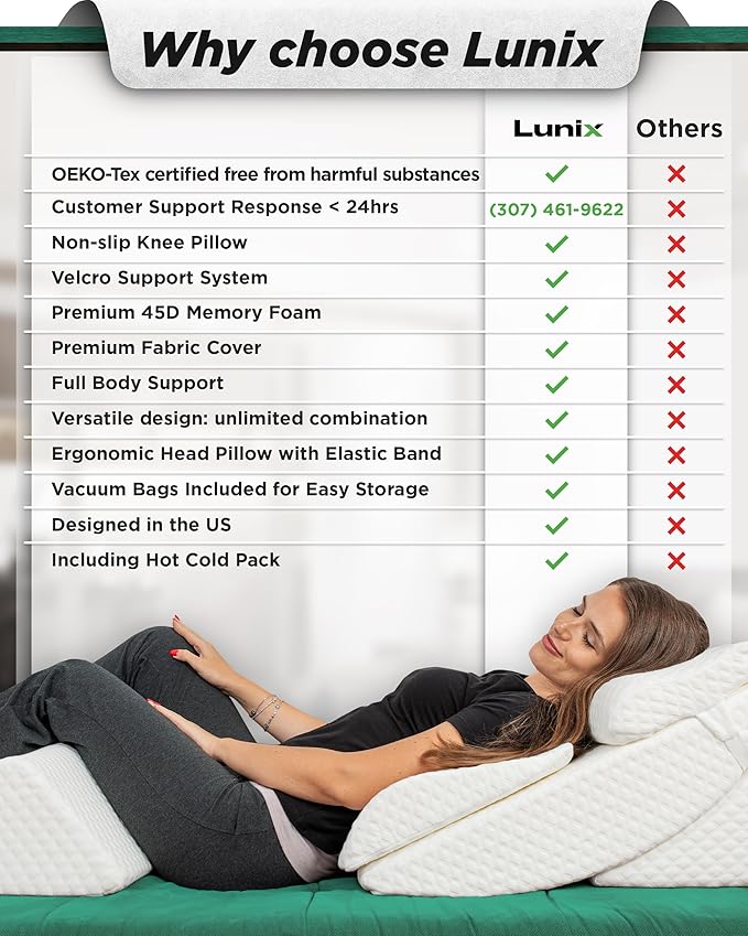 Lunix 6pcs Orthopedic Bed Wedge Pillow Set, Post Surgery Memory Foam for Back, Neck, and Leg Pain Relief, Adjustable Sitting Pillow for Sleeping, Acid Reflux and GERD, Hot Cold Pack, White