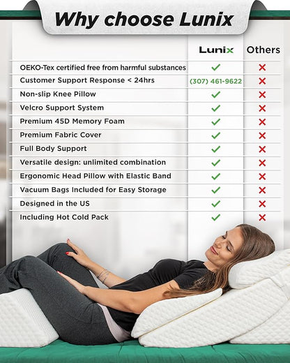 Lunix 6pcs Orthopedic Bed Wedge Pillow Set, Post Surgery Memory Foam for Back, Neck, and Leg Pain Relief, Adjustable Sitting Pillow for Sleeping, Acid Reflux and GERD, Hot Cold Pack, White