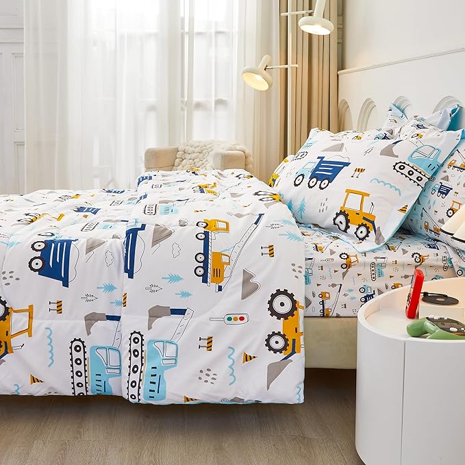 Mooreeke Twin Size Comforter Sets for Girls Kids, 6 Pieces Bed in a Bag Truck Excavator Bedding Comforter Sheet Set with Shams and Decorative Toy Pillow, Ultral Soft Microfiber Kids Bed Set