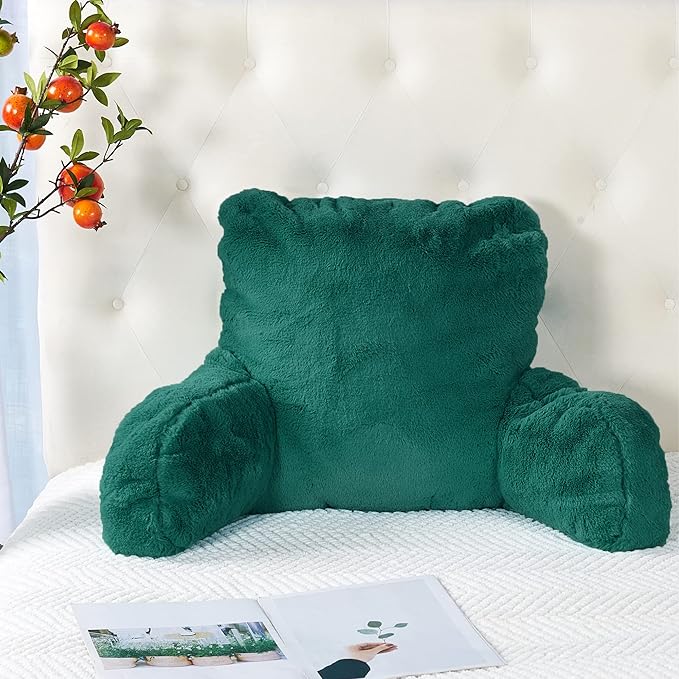 Plush Faux Fur Backrest Reading Bed Rest Pillow with Arms and Pockets for Sitting in Bed Couch Sofa, Back Support Wedge Cushion with Removable Cover, 20" x 18" x 17", Teal Green
