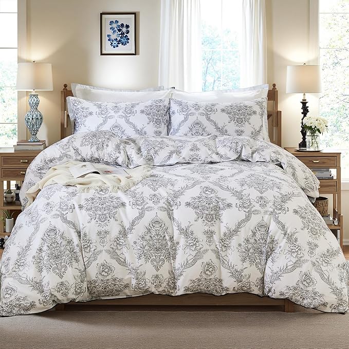 100% Cotton Duvet Cover Set King Size – Elegant Damask Print, Soft & Breathable Bedding with Zipper and Corner Ties, 3-Piece Reversible Comforter Cover Set