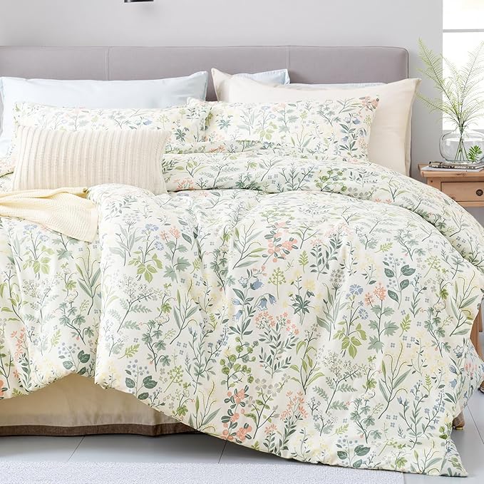 Duvet Cover Queen Size 100% Cotton Comforter Cover Green Floral Breathable Duvet Cover with Zipper Closure & Corner Ties 3 Pcs Green Fragrant Grass Duvet Cover Set