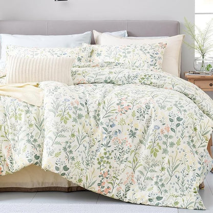 Duvet Cover Queen Size 100% Cotton Comforter Cover Green Floral Breathable Duvet Cover with Zipper Closure & Corner Ties 3 Pcs Green Fragrant Grass Duvet Cover Set