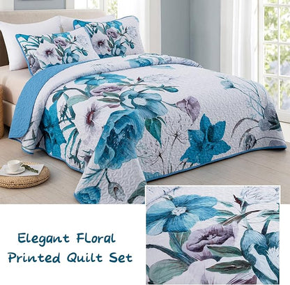 Floral Quilt Set Queen 3 Pieces Boho Blue Floral Quilt Coverlet Set Soft Microfiber Lightweight Blue Quilted Bedspread for All Season 90"x96"