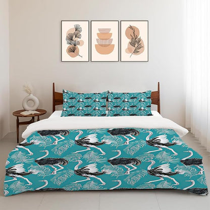 Ostrich Theme 3 Pieces Duvet Cover Comforter Set with 2 Pillowcase Queen Size Bird Bed Sheet Quilt Bedroom Bedding for Lover Kids