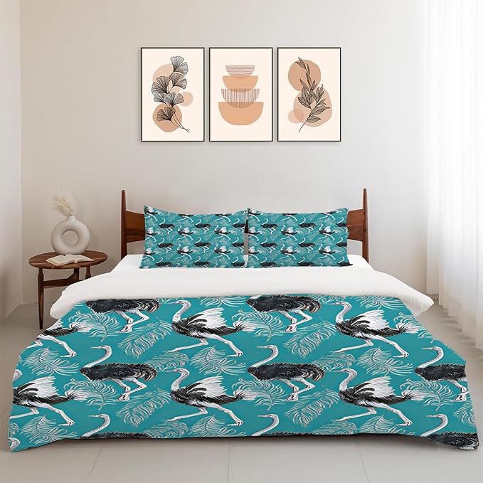 Ostrich Theme 3 Pieces Duvet Cover Comforter Set with 2 Pillowcase King Size Bird Bed Sheet Quilt Bedroom Bedding for Lover Kids