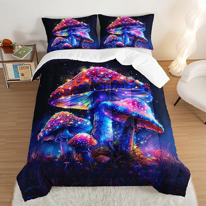 Luminescent Mushroom Comforter Set King Size,Natural Wild Fungus Bedding for Kids Boys Girls Room Decor,Wild Botanical Theme Bedding Sets with 2 Pillowcases.