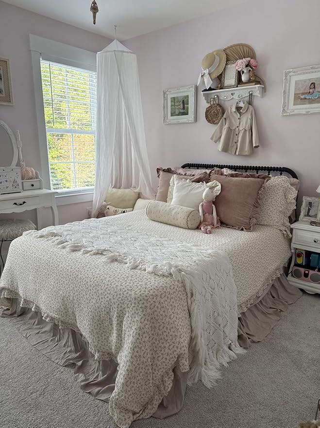 BuLuTu Kids Floral Duvet Cover Twin Girls Quilt Cover Ruffled Bedding Shabby Chic Princess Comforter Cover with Pillowcases, Oeko-TEX Certified Cotton Muslin, Soft Lightweight, Camellia Pattern