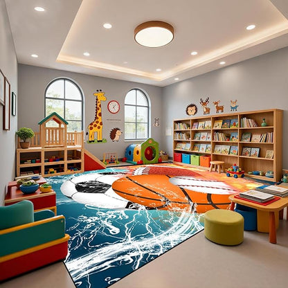 Basketball Rug 6'x9' - Basketball Rug for Boys Bedroom Kids Football Mat Water Fire Sports Rugs Boys Room Soccer Rugs Baseball Carpet for Playroom Living Room Bedroom Decor
