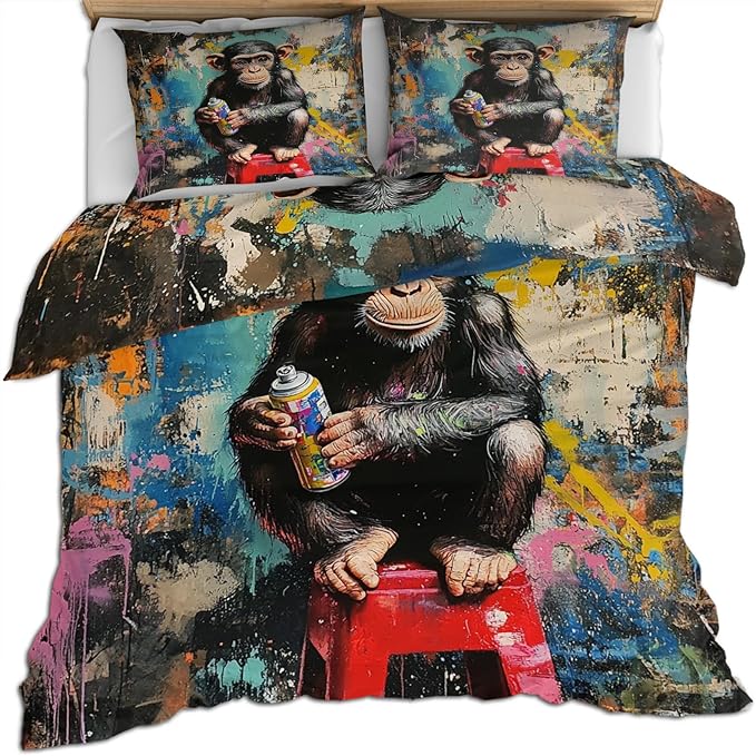 Chimpanzee Duvet Cover California King, Street Graffiti Gorilla Bedding Set Bedroom Decor Fun Colorful Comforter Cover and 2 Pillow Sham with Zipper Closure