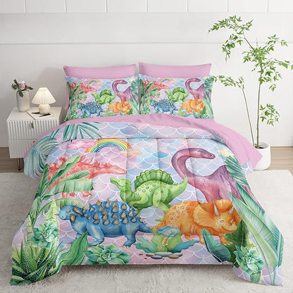 Pastel Dinosaur Comforter Set (7 Piece) - Mermaid Scale Kids Bedding, Pink Blue Purple Dinosaur Quilt Set for Boys Girls, All Season Microfiber Bed Set with Shams, Flat/Fitted Sheet (Twin)