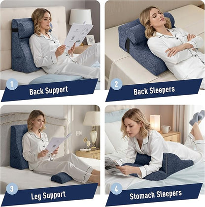 Daneey Reading Pillows for Sitting in Bed Adult Back Pillow Sitting Up, Back Support Pillow for Bed, Foam Wedge Pillow for Neck, Lumbar, Back, Blue, 20 * 9 * 22IN