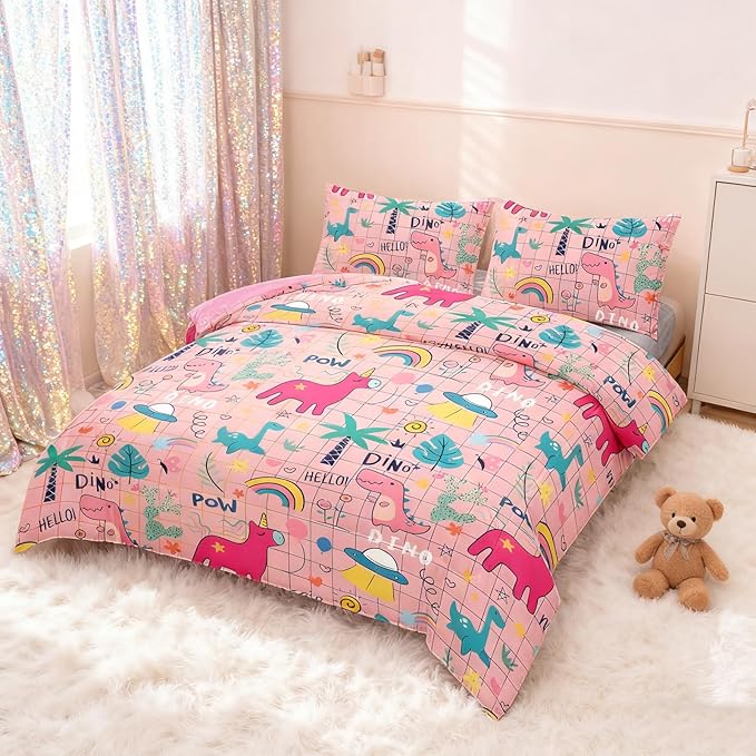 Peopleareok Cartoon Dinosaur Comforter Set Full (79x90 Inch), 3 Pieces Dinosaur Bedding Set for Girls Teens, Super Soft Lightweight for All Seasons, 1 Quilt 2 Pillow Cases