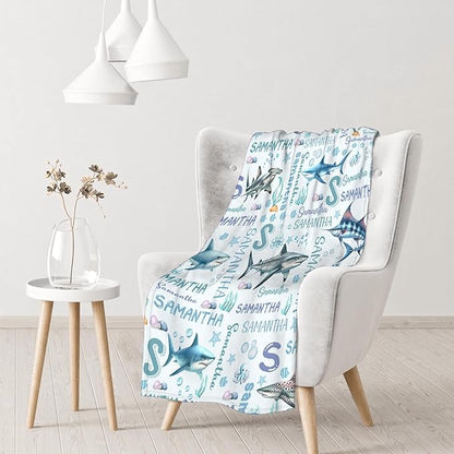 Personalized Shark Ocean Baby Blanket with Name - Custom Swaddle Blanket for Toddlers, Infants & Newborns - Nursery Stroller Crib Decor Throw - Birthday Gift
