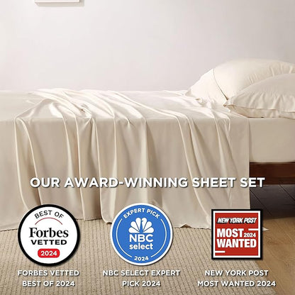 Bedsure Queen Sheet Set, Rayon Derived from Bamboo, Cooling Sheets, Breathable & Soft, Deep Pocket Up to 16", Hotel Luxury Silky Bedding for Hot Sleepers, Light Beige