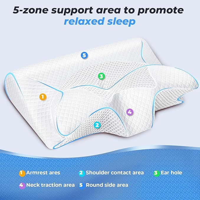 SAHEYER Cervical Neck Pillow, Ergonomic Memory Foam Pillow for Neck Pain Relief and Snoring, 2 in 1 Orthopedic Pillow for Back, Stomach Sleeper, Side Sleeper, White