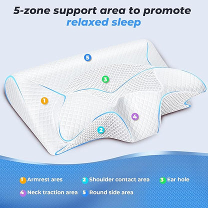 SAHEYER Cervical Neck Pillow, Ergonomic Memory Foam Pillow for Neck Pain Relief and Snoring, 2 in 1 Orthopedic Pillow for Back, Stomach Sleeper, Side Sleeper, White
