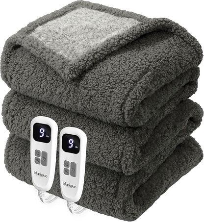 Heated Blanket Electric Blanket Queen - Fast Heating Blanket Throw Dual Control Double Sided Sherpa with 10 Heating Levels & 2-10 Hours Auto Off, Mashine Washable, 84 x 90 Inches, Grey