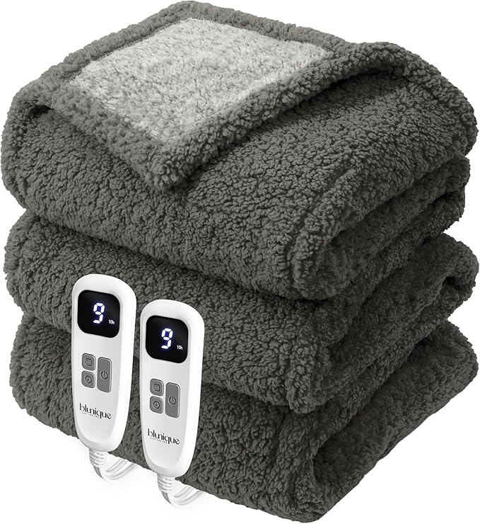 Heated Blanket Electric Blanket King - Fast Heating Blanket Throw Dual Control Double Sided Sherpa with 10 Heating Levels & 2-10 Hours Auto Off, Mashine Washable, 90 x 100 Inches, Grey