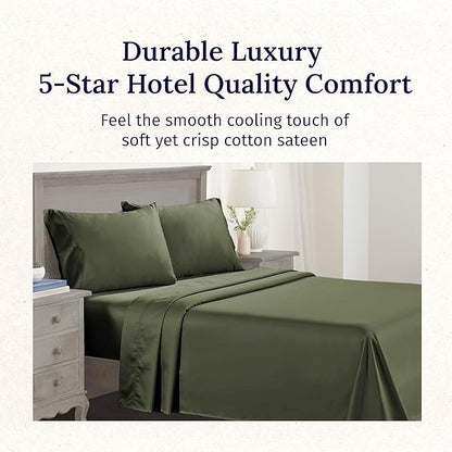 California Design Den 100% Cotton Sheets Queen Size Set - Luxury 600 Thread Count Sateen, Cooling Queen Cotton Sheets with Deep Pockets, Hotel-Quality Bedding - Dark Olive Green