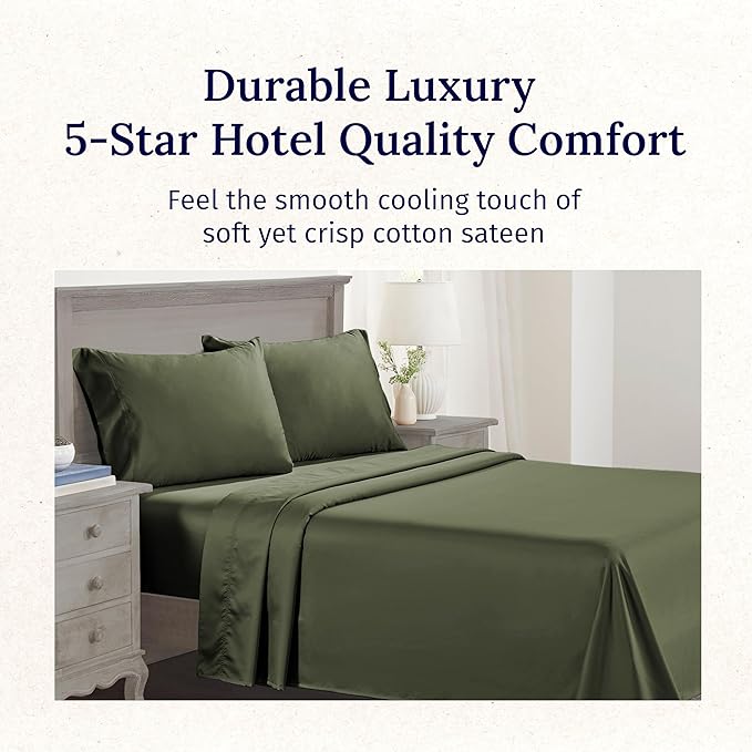 California Design Den 100% Cotton Twin Sheets Set - Luxury 600 Thread Count, Sateen Weave, Deep Pocket Twin Bed Sheets Cotton Set, Hotel Quality Bedding - Dark Olive Green
