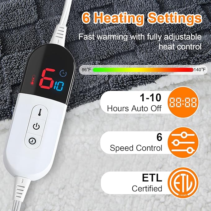 Electric Heated Blanket Twin Size - Jacquard Checkered Sherpa 62"x84" Fast Heating Bed Blankets with 6 Heating Levels & 10 Hours Auto Off, Over-Heat Protection ETL, Dark Gray