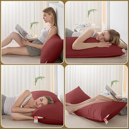 Goose Down Body Pillows for Adults, Large Body Pillow for Side Sleeper, Hugging Feather Body Pillow Insert, Cooling Full Length Long Pillow for Bed with 100% Organic Cotton Shell, (Burgundy 20"x72")