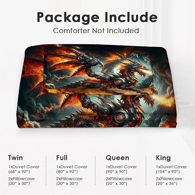 Dragon Bedding Set 3 Pieces Queen Size Flame Dragon Duvet Cover Comforter Cover Sets with 2 Pillowcases for Boys Girls Teens Men Women