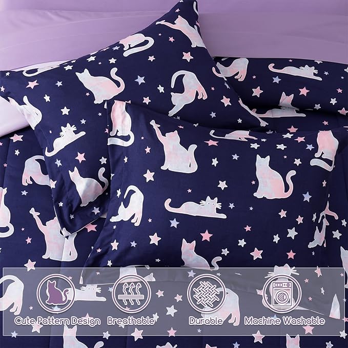 Full Size Comforter Set for Girls-4 Pieces Cute Cat Full Bedding Sets for Kids, 1 Comforter, 2 Shams and 1 Decor Pillow