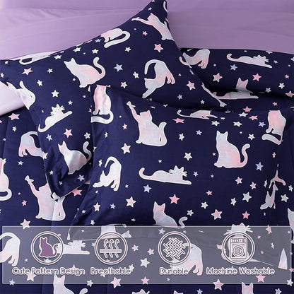 Full Size Comforter Set for Girls-4 Pieces Cute Cat Full Bedding Sets for Kids, 1 Comforter, 2 Shams and 1 Decor Pillow