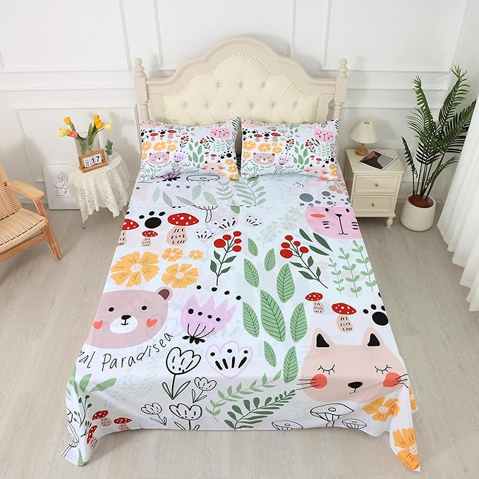 Cat Sheets Set Twin: Green Cartoon Floral Animals Bedding Set for Kids Girls Teens Bedroom Bed - 1 Flat Sheet, 1 Fitted Sheet, 1 Pillowcase