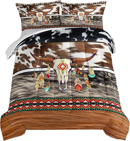 HOSIMA Western Bedding Longhorn Skull Comforter 3 Pieces,Western Highland Cowhide Print Bedding for Boys Teens Soft Microfiber Fluffy Comforter Full Size Farmhouse Style Room Decor Aesthetic.