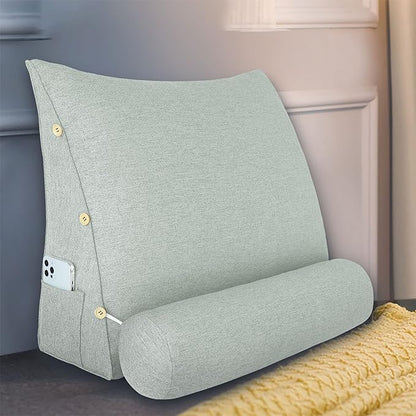 Adjustable Triangle Wedge Reading Pillow Neck Back Support Throw Pillow with Bolster for Sitting Up in Bed Daybed or on Sofa Reading Couch with Removable Linen Cover 24x8x20 Inch Off-White