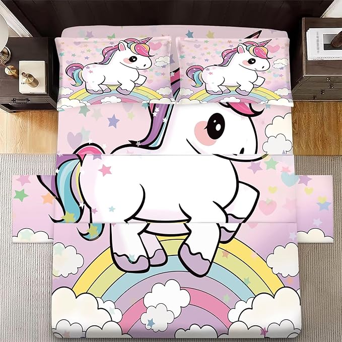 Unicorn Sheets Set Twin: Cartoon Pink Rainbow Unicorn Bedding for Kids Girls Teens Bedroom Bed - 1 Flat Sheet, 1 Fitted Sheet, 1 Pillowcase