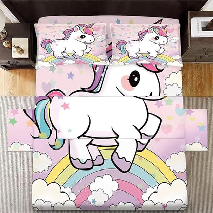 Unicorn Sheets Set Twin: Cartoon Pink Rainbow Unicorn Bedding for Kids Girls Teens Bedroom Bed - 1 Flat Sheet, 1 Fitted Sheet, 1 Pillowcase