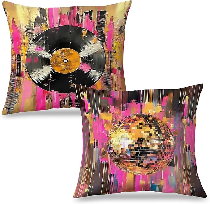 Retro Trendy Vinyl Disco Ball Pillow Covers 18x18 Set of 2, Colorful Maximalist Vinyl Record Glam Mirror Ball Decorative Throw Pillow Covers for Home Bedroom Music Room Studio