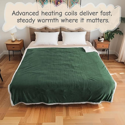 Electric Heated Blanket Queen Size 84"x90", Soft Flannel with Dual Controllers & Overheat Protection, 6 Adjustable Heat Settings & 10-Hour Auto-Off Timer, Fast Heating for Winter Comfort, Dark Green