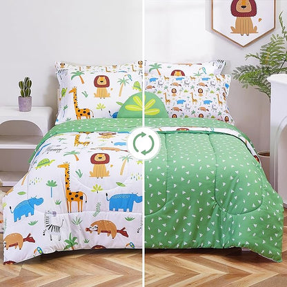 Mooreeke Kids Twin Comforter Sets for Boys Girls 6 Pieces Animal Bedding Set for Teens Microfiber Lion Elephant Kids Bed in A Bag with Comforter, Sheet Set, Shams and Decorative Toy Pillow All Season