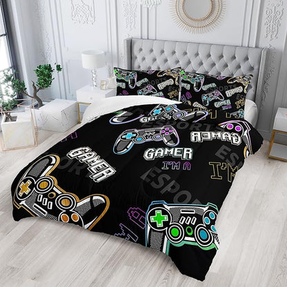 Gamer Console Theme Comforter 3Pcs Full Games Contoller Esports Bedding Set for Kids Teens Boys Girls Adults 3D Video Game Gamepad Quilt Room Decor with 1 Comforter and 2 Pillowcases
