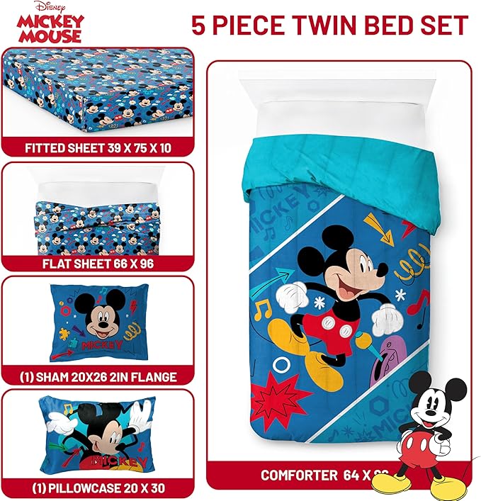 Jay Franco Kids Comforter Set Includes Sheets and Pillow Covers - Soft and Cozy Bed Set for Stylish Room Decor, Blue - Mickey Mouse, 5 Piece Twin Bedding
