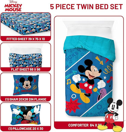 Jay Franco Kids Comforter Set Includes Sheets and Pillow Covers - Soft and Cozy Bed Set for Stylish Room Decor, Blue - Mickey Mouse, 5 Piece Twin Bedding