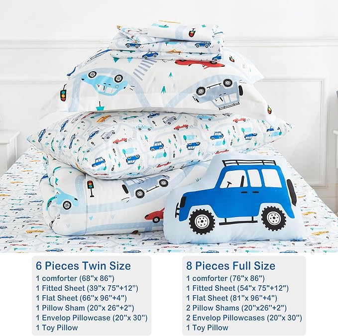Mooreeke Bed in a Bag for Kids Boys Teens, 6 Pieces Twin Size Comforter Bed Set with Shams, Sheet Set and Decorative Toy Pillow, Cars White Super Soft Microfiber Kids Comforter Bedding Set