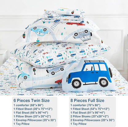 Mooreeke Bed in a Bag for Kids Boys Teens, 8 Pieces Full Size Comforter Bed Set with Shams, Sheet Set and Decorative Toy Pillow, Cars White Super Soft Microfiber Kids Comforter Bedding Set