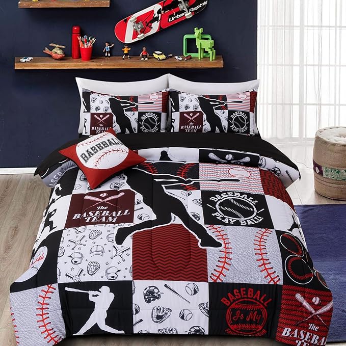 A Nice Night Sports Geometric Grid Black Patchwork Baseball Printed for Boys Queen 6Pcs Bed in A Bag Comforter Bedding Set, Red