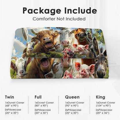 Funny Animals Bedding Set 3 Pieces Soft Lightweight Microfiber Farmhouse Cow Donkey Pig Bedspread Coverlet Set Fun Horse Duvet Cover Twin Full Queen King for Comforter Bed Set for Girls Boys Women Men