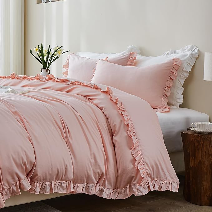 Simple&Opulence Kids 100% Organic Cotton Twin Duvet Cover Ruffle 2Pcs(1 Comforter Cover 1 Pillowcase) Cute Lace Vintage Boho Shabby Chic Farmhouse Bedding Set Teen Girls(Peach Pink,Twin)