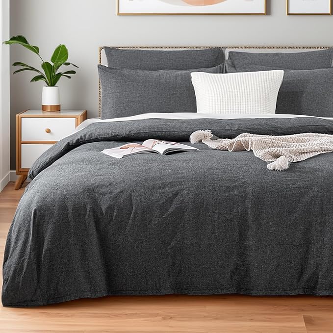 NEXHOME PRO Duvet Cover Queen 100% Washed Cotton, Organic Natural Linen Like Textured Breathable Durable Bedding Set Heather Black 9090